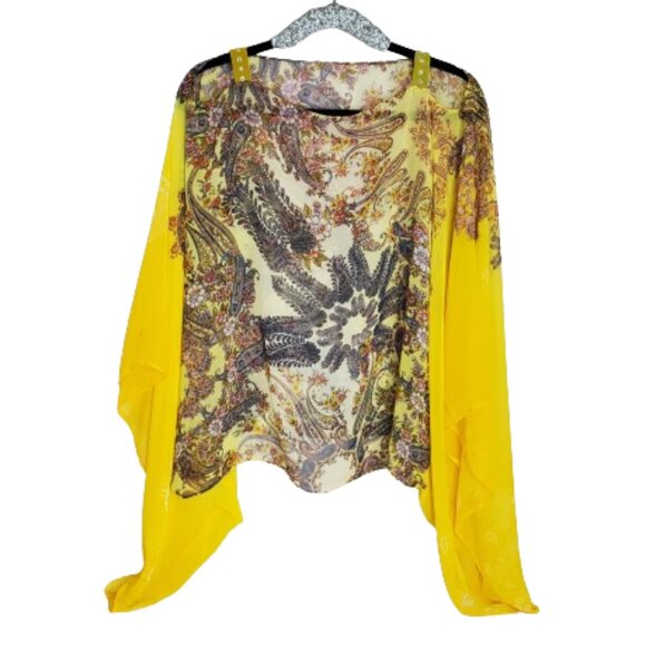 Sunshine Yellow Paisley Multi Colored Sheer Tunic Batwing Oversized Loose Top. - Picture 4 of 4